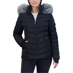 NEW Nautica Water & Wind Resistant Black Faux Fur Hooded Puffer Jacket, Size XS